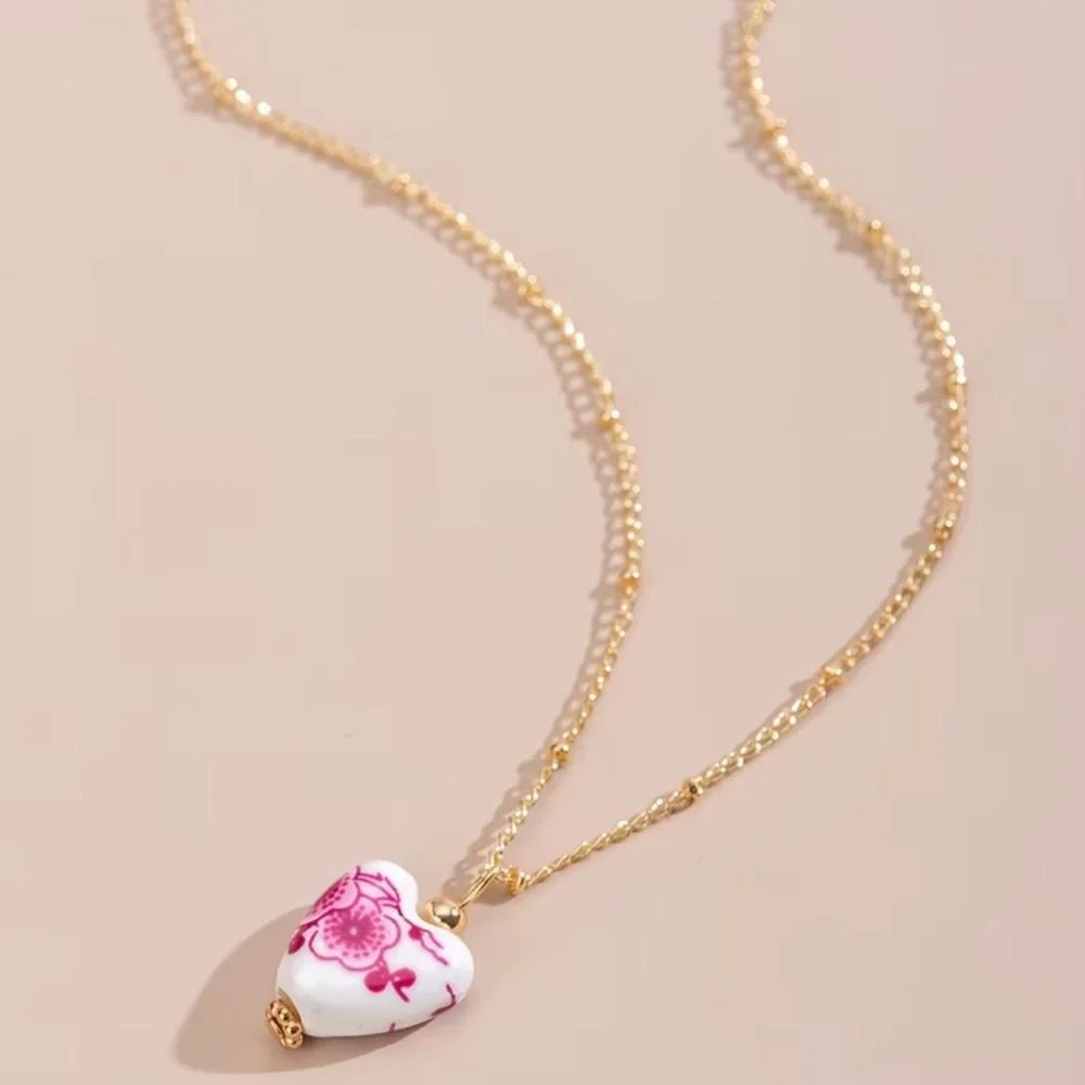 NEW Pink Toile Porcelain Heart Pendant Gold Necklace
